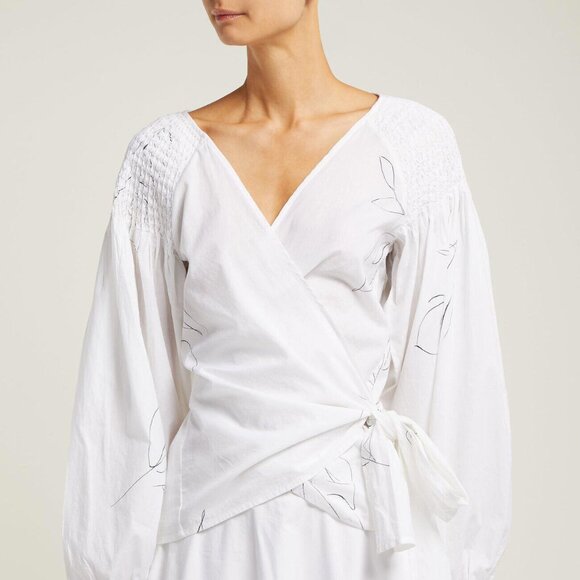 Merlette Sant Joseph Smocked Cotton Wrap Blouse Top Balloon Sleeves S